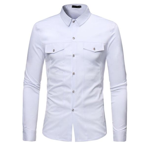 

men's casual shirts double pocket white men shirt 2021 brand slim fit long sleeve mens drss button down male social camisas, White;black