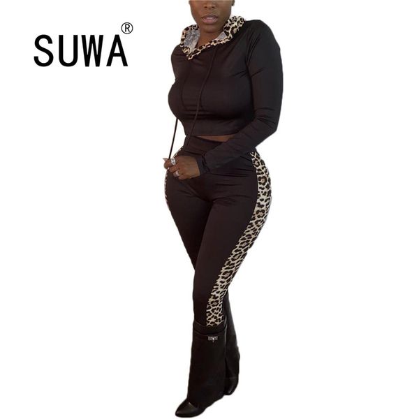

two piece outfits side leopard striped chic women set slim hoodies + high waist joggers pants fitness wear 210525, White