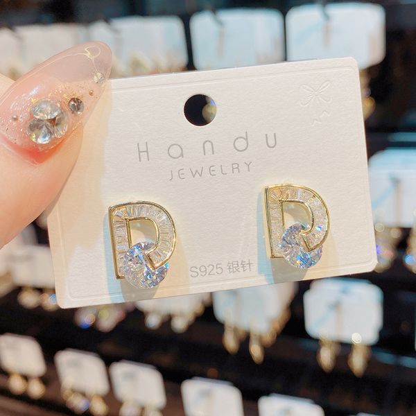 

s925 silver needle fashion simple design sense micro inlaid zircon letter d women exquisite, small and versatile earrings for, Golden