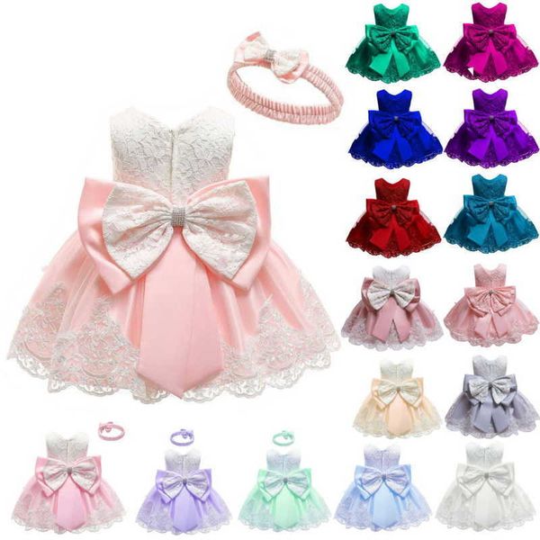 Großhandel Babykleid Spitze Taufkleid Taufe Kleidung Stirnband geborene Kinder Geburtstag Prinzessin Infant Party Kostüm E8348 210610