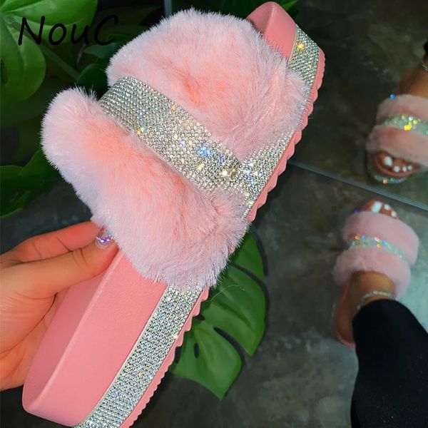 

slippers nouc fur summer furry slides female fluffy indoor shoes women's bling fuzzy slide house sliders 43, Black