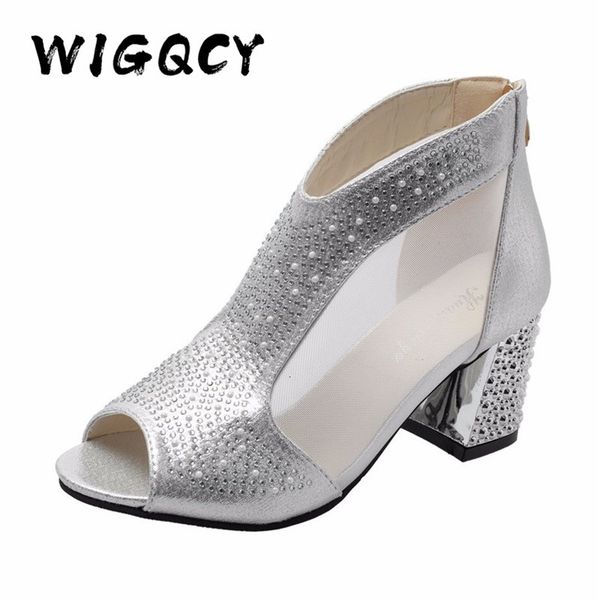 

sandals rhinestone high hollow breathable women fashion bling peep toe summer shoes woman zipper mesh square heels, Black