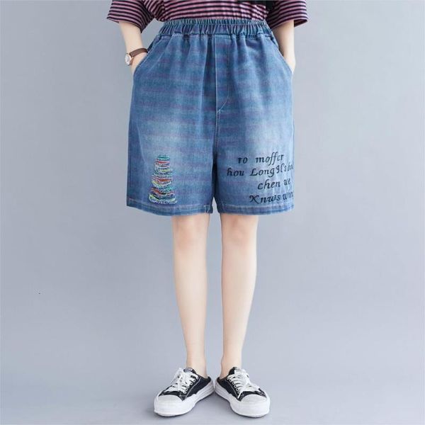 

pants & capris women's denim classic vintage elastic waist letter print wide leg female casual summer half-length shorts jeans ripped u, Black;white