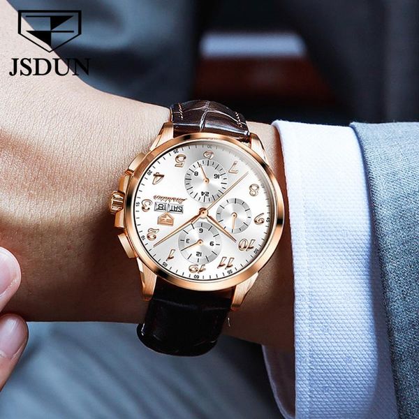 

wristwatches jsdun luxury brands men leisure business watch sapphire glass white wristwatch automatic machinery motion clock leather strap, Slivery;brown