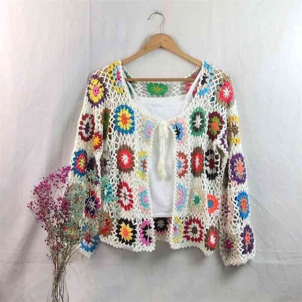 

hollow crochet sweater jacket spring and autumn fashion women's loose ethnic style cardigan casual 210812, White