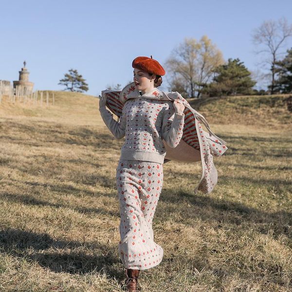 

design autumn original winter women mori girls sweet stereoscopic wool ball elastic waist crochet knitted long skirts, Black