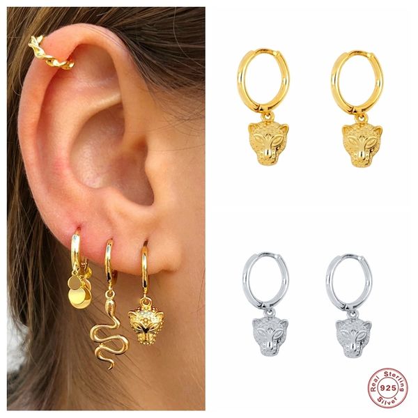 

aide 925 sterling silver leopard head gold hoop earrings for women cool animal charms small circle huggie earring punk jewelry, Golden
