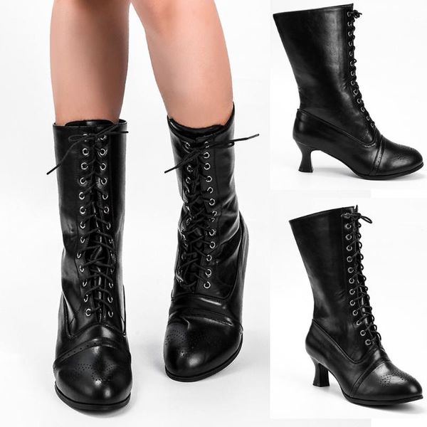 

women's mid-calf boots winter autumn fashion high heel cross-tied shoes spike toe warm lace up female botas, Black