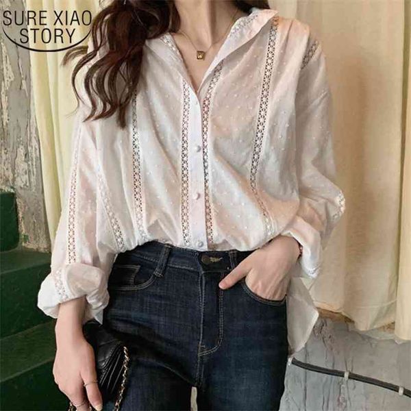 

fashion loose all-match white blouse women autumn long sleeve ladies casual buttons korean sweet hollow lace shirt 13127 210415