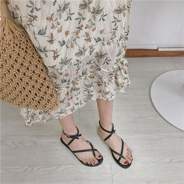 

sandals flat sandal women summer 2021 fashion roman shoes for girls buckle strap beach woman band clip toe flip flops, Black