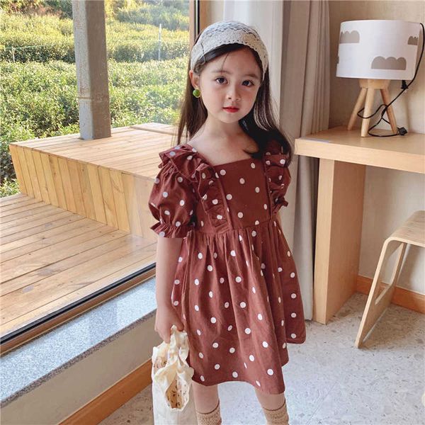 Le neonate sveglie di estate punteggiano il vestito a maniche corte stile coreano piccola principessa increspa i vestiti del colletto quadrato 210615