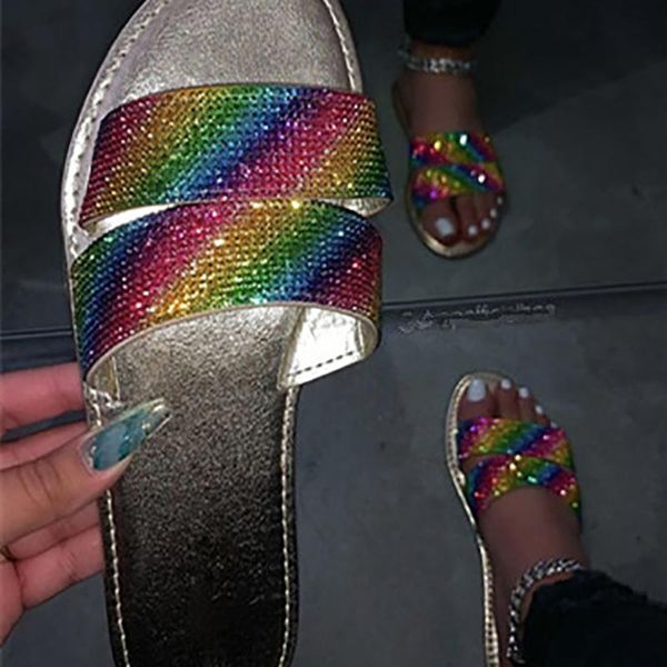 

comfortable fashion roman colored diamond shiny face outdoor flat bottom female slippers 2021 summer beach, Black