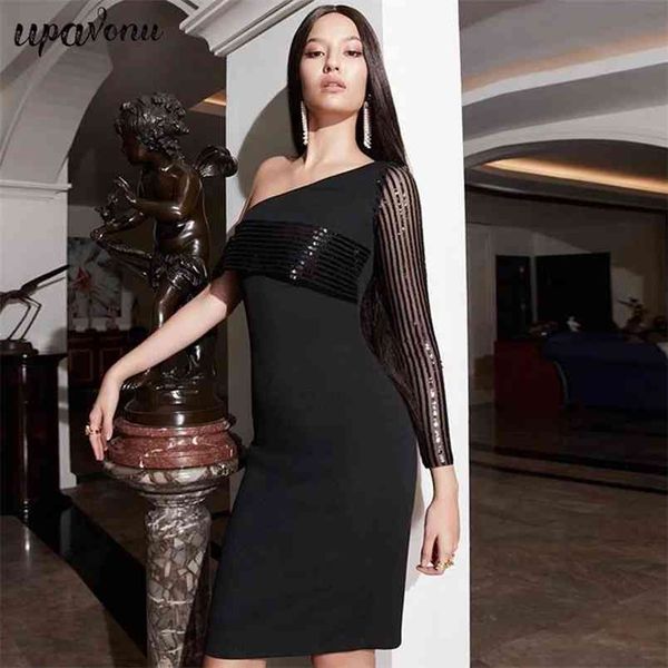 

autumn style one shoulder long sleeve bandage dress women bodycon sequined club party vestidos 210524, Black;gray