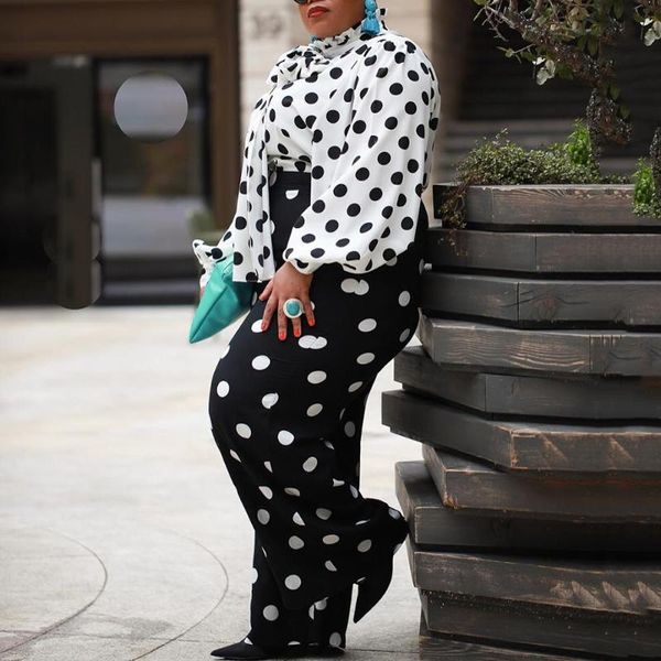 

two piece dress polka dots sets office ladies elegant black and white shirts wide legs long pants plus size women suits 2ps