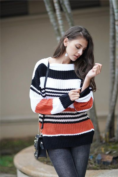 

women's sweaters mujinxin wear rainbow color stitching knit sweater jumper temperament loose woman, White;black