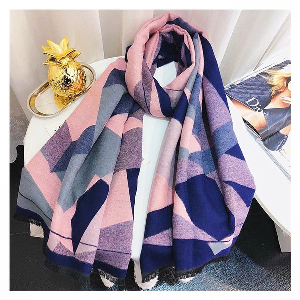 

scarves winter cashmere scarf for women geometric print shawls and wraps warm pashmina poncho patchwork scarfs neck ladies, Blue;gray