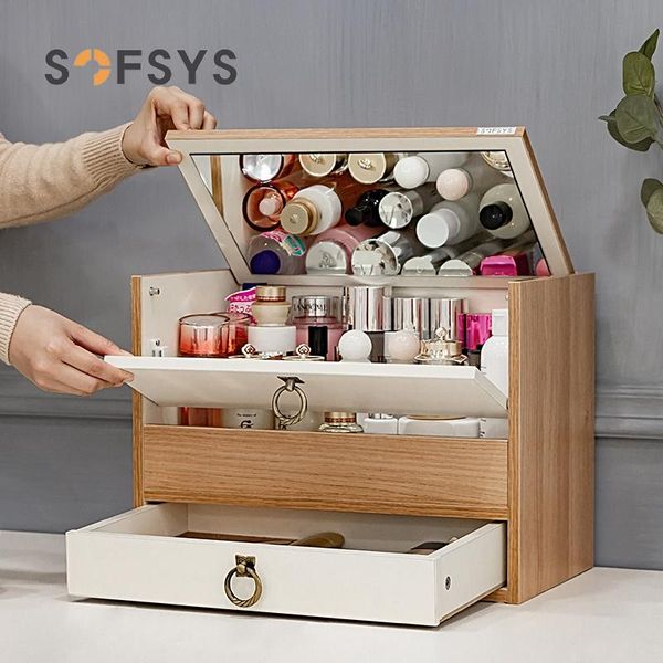 

storage boxes & bins large capacity cosmetic box drawer jewelry makeup organizer wood shelf organiseurs maquillage bedroom ef60cs