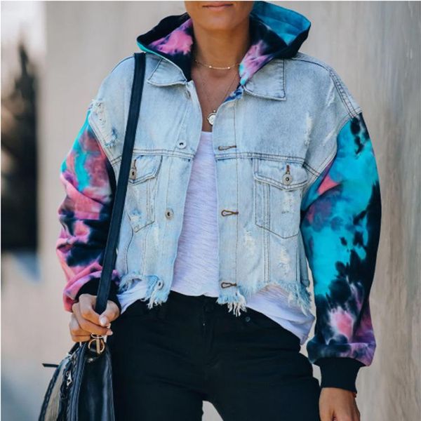 

women's jackets denim coat color tie-dye hole tassels cowboy jacket women coats and, Black;brown
