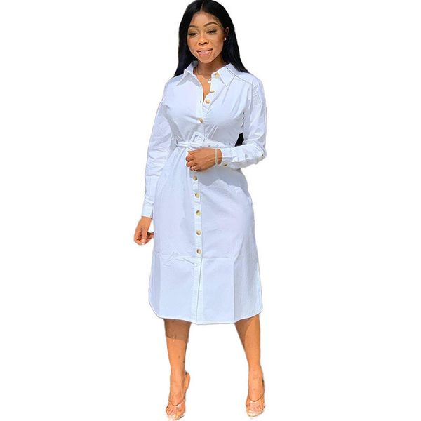 

2021 autumn white shirt dress women button-up knee-length long sleeve shift dress office lady loose casual tunic basic dresses, Black;gray