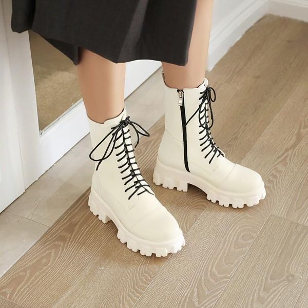 

boots 2021 thick soled knight white women's autumn and winter heel short lace up versatile, Black