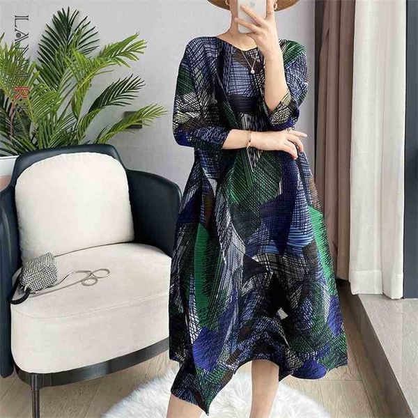 

women green big size pleated dress round neck three quarter loose fit female fashion summer 2e1856 210526, Black;gray