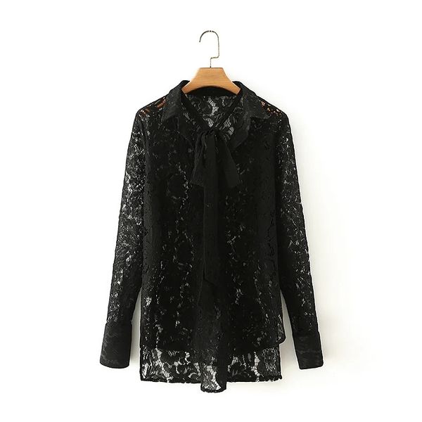 

women bow tie hollow out lace black blouse female long sleeve shirt casual lady loose blusas s8317 210430, White