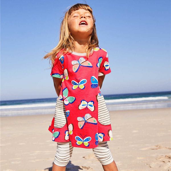 

children dresses girls clothing summer print butterfly girls dress a line casual cotton o-neck dress kids dresses for girls 210713, Red;yellow