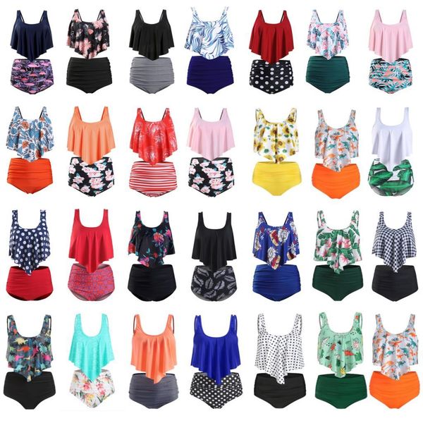 

2019 women ruched high waist bikini 2019 plus size swimwear summer swimsuit flamingos beach bathing suit ruffle mujer, White;black