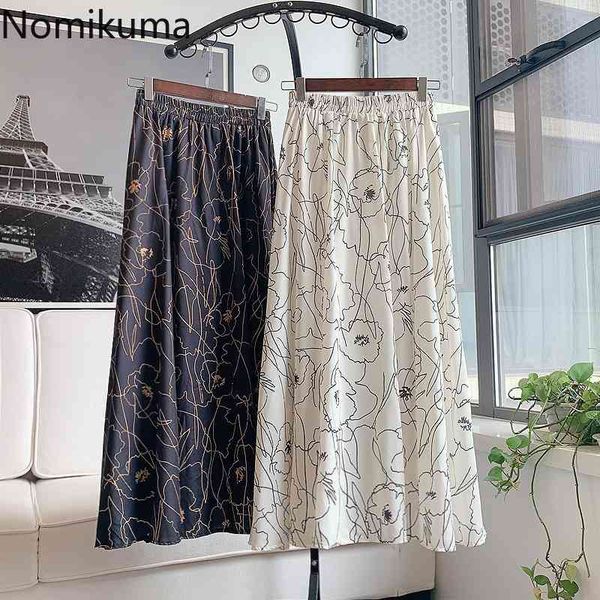 

nomikuma vintage high waist skirt women summer flower pattern casual a line mid calf chiffon skirts female faldas mujer 210514, Black