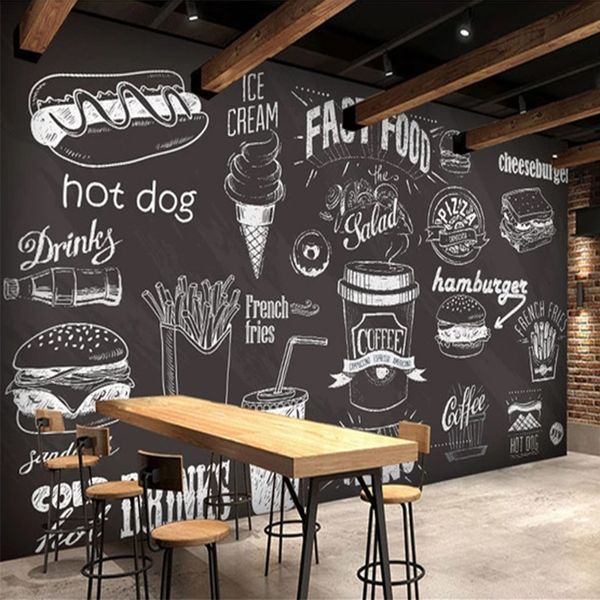 Personalizzato di qualsiasi dimensione Carta da parati murale 3D Lavagna dipinta a mano Cibo Dessert Fast Food Caffetteria Ristorante Sfondo muro Affresco