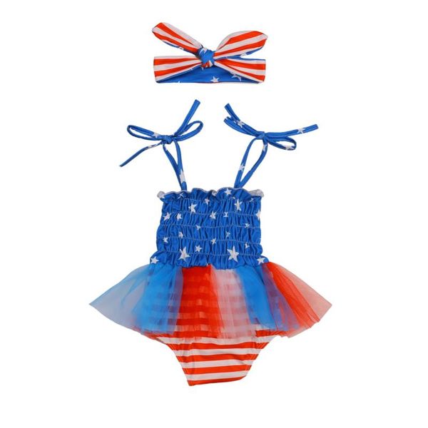 

clothing sets kid girl romper midi, star striped printed national flag pattern dress headband suit for independence day, White