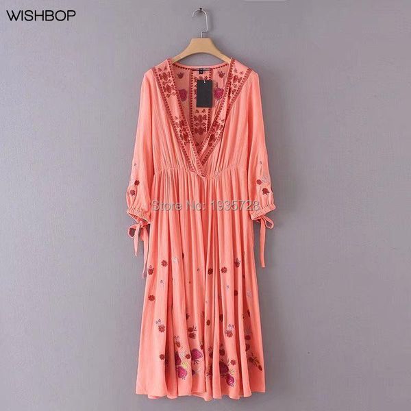 

casual dresses 2021 spring fashion woman bohemian embroidered midi dress wrap v-neck long sleeves cuff with tied bow, Black;gray