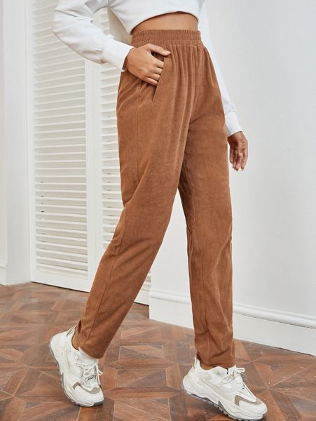 

elastic waist rib-knit corduroy pants v6vm#, Black;white