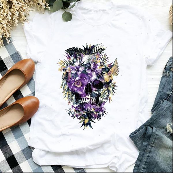 

floral plant cute skull womens fall autumn halloween print tee clothes graphic, White