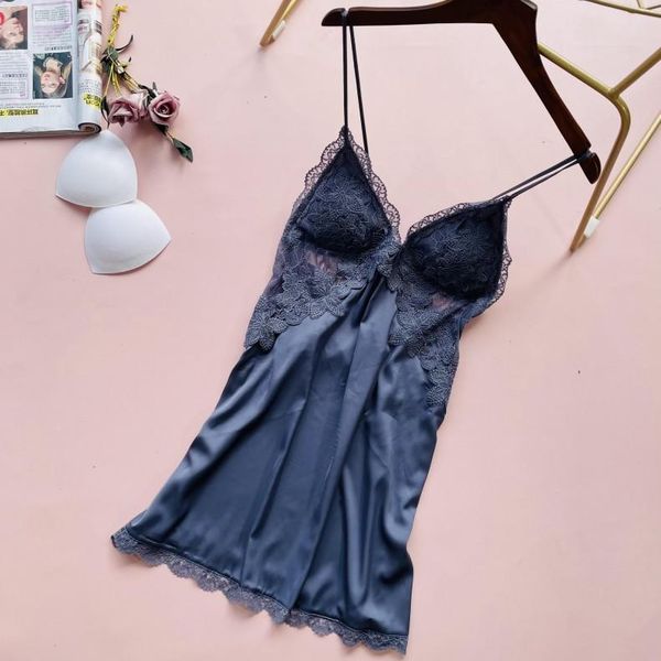 

women's sleepwear slip dress female nightgown v-neck thin nightdress loose kimono summer dressing gown loungewear with chest pads, Black;red