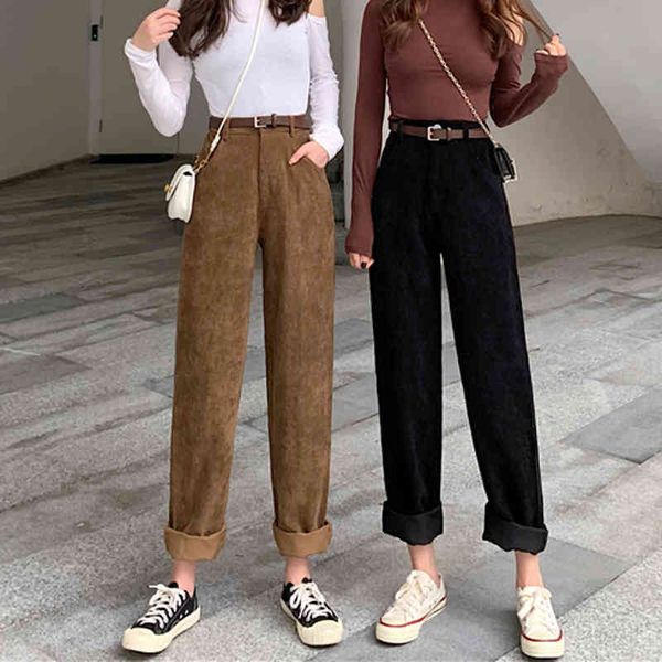 

women's pants & capris zoki corduroy pants high waist fashion fall belt wide leg full korean spring pure black cotton streetwear ladies, Black;white