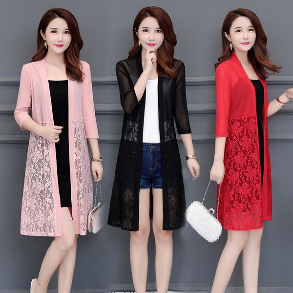 

women's trench coats fashion lace openwork cardigan outside long section thin shawl jacket blouse mesh sunscreen clothing, Tan;black