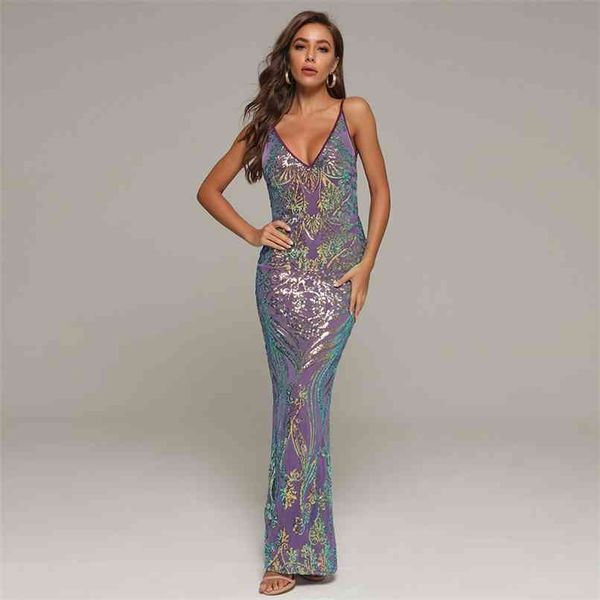 

summer women sequins v neck spaghetti strap sleeveless dress backless club evening runway party maxi dresses 210507, Black;gray