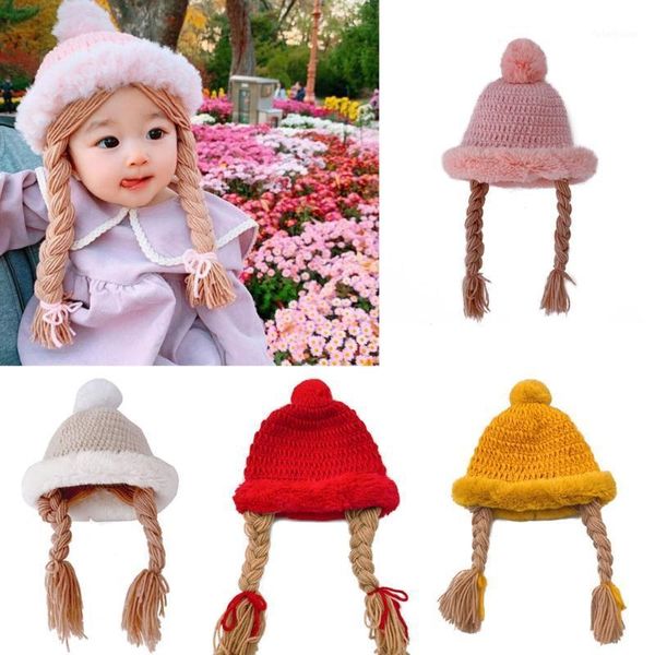

caps & hats children knitted hat baby girls cute wig big braid kids winter soft warm princess cap birthday gift wxtd1, Yellow