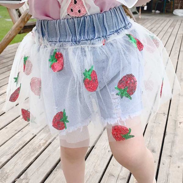 

children's denim shorts baby girls clothes summer sequines mesh casual pants kids jeans, Black