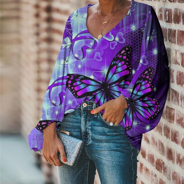 

women's blouses & shirts doginthehole purple butterfly print women elegant long sleeve blouse ladies fashion party v-neck casual home, White