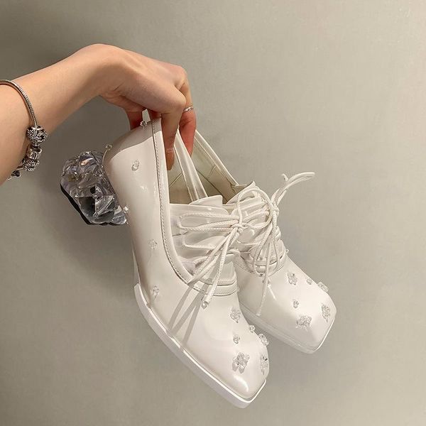 

dress shoes 2021women mary jane high heels summer white wedding transparent crystal heel thick square toe princess w, Black