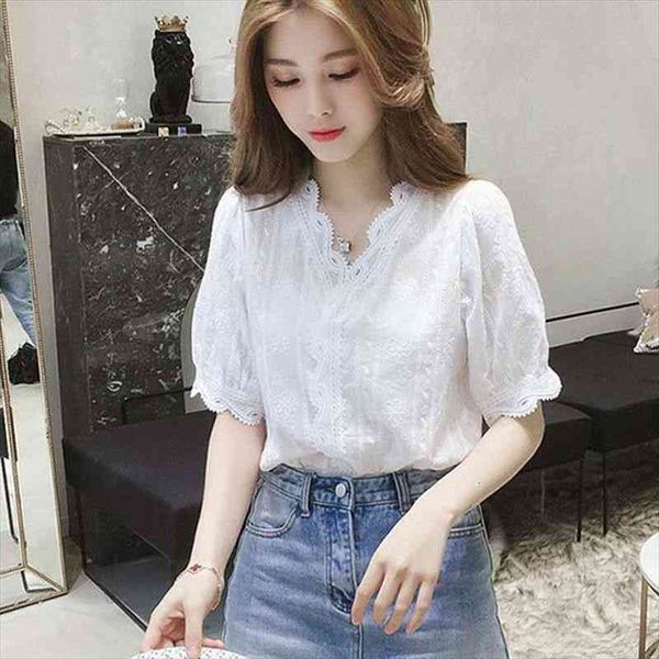 

women blouse summer v-neck lace lantern sleeve white embroidered women blusas ropa de mujer