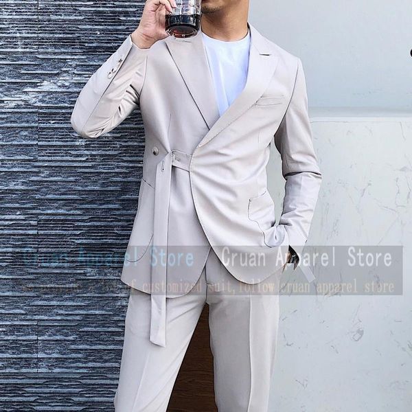 

men's suits & blazers est beige suit male set slim fit sets man groom wedding dress tuxedo fashion prom jacket with belt pants 2 pieces, White;black