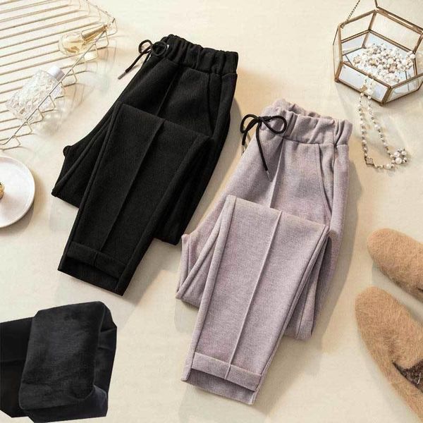 

women's pants & capris autumn winter fashion elastic high waist women soft thick warm woolen female casual loose solid harem j32, Black;white