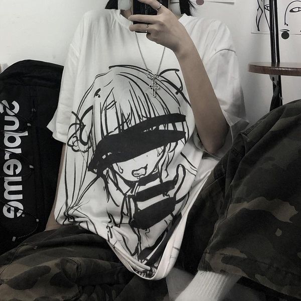 

women loose t-shirt japanese cartoon print summer ulzzang gothic short sleeve vintage casual female harajuku plus size women's, White