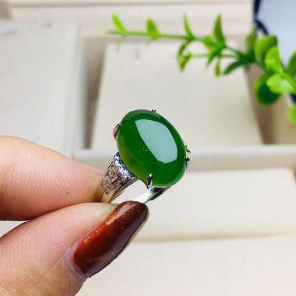 

cluster rings real certified 925 sterling silver natural hetian green jasper adjustable gifts for women charm jewelry weddin, Golden;silver