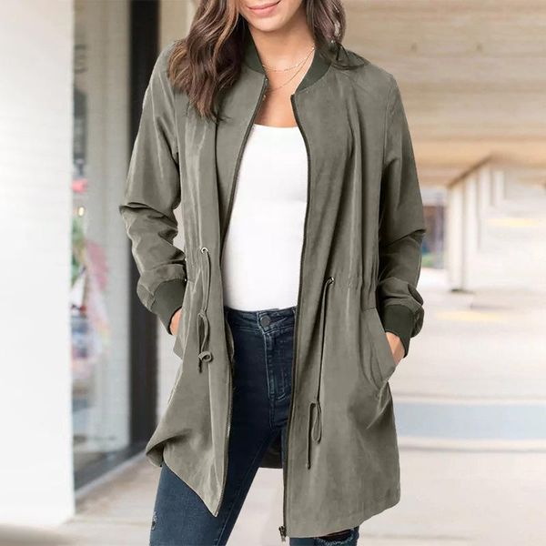 

women's trench coats autumn /winter zipper windbreaker women 2021 waist drawstring adjustable long simple sports outdoor jacket, Tan;black