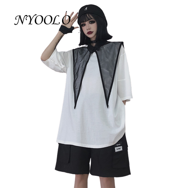 

women's t-shirt nyoolo casual streetwear mesh shawl short sleeve sailor collar women clothing summer harajuku hip hop white tee