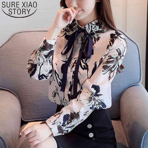 

spring printed chinese style polo collar chiffon blouse women elegant fashion blouses and blusas mujer 8370 50 210508, White
